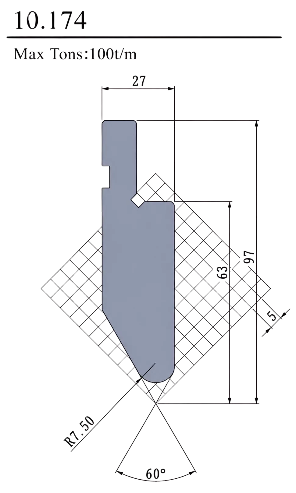 Stempel do prasy krawędziowej 10.174, 100 ton na metr, 60 stopni, R7,50
